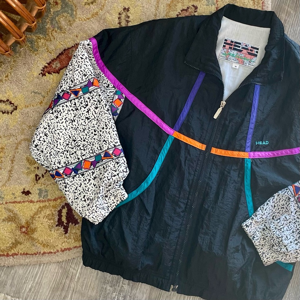 SOLD Vintage 1990s HEAD Abstract Cotton Lined Nylon Windbreaker Jacket Size M - Picture 2 of 14